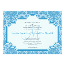 Monogram M Blue Damask Wedding Invitations
