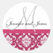 Monogram & Names Damask Hot PInk Wedding Sticker