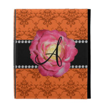 Monogram orange damask pink rose iPad cases