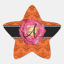 Monogram orange damask pink rose star sticker