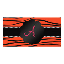Monogram orange zebra stripes photo card