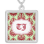 Monogram Pendant Initial Necklace Red Green Damask
