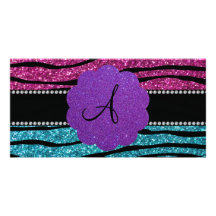 Monogram pink and turquoise zebra stripes custom photo card
