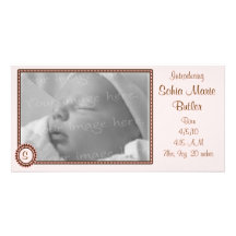 Monogram Pink & Brown Photo Birth Announcement Photo Card