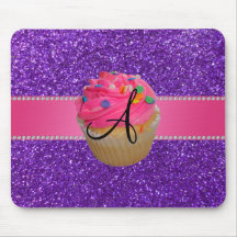Monogram pink cupcake purple glitter mousepads