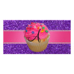 Monogram pink cupcake purple glitter personalized photo card