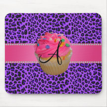 Monogram pink cupcake purple leopard mousepads