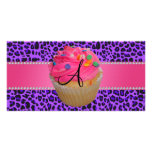 Monogram pink cupcake purple leopard photo cards