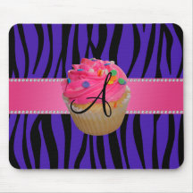 Monogram pink cupcake purple zebra stripes mouse pads