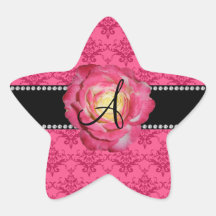 Monogram pink damask pink rose sticker