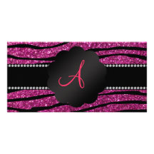 Monogram pink glitter zebra stripes photo cards