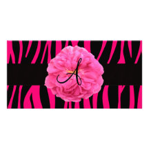 Monogram pink peony zebra stripes customised photo card