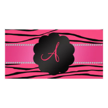 Monogram pink zebra stripes photo greeting card