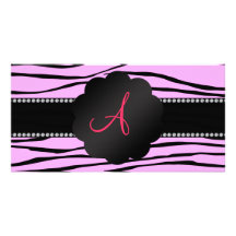 Monogram pink zebra stripes photo greeting card