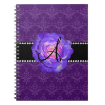 Monogram purple damask purple rose spiral note books
