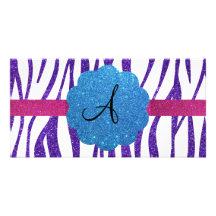 Monogram purple glitter stripes custom photo card