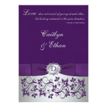 Monogram Purple, Silver Floral Wedding Invitation