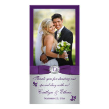 Monogram Purple, Silver Floral Wedding Photo Card