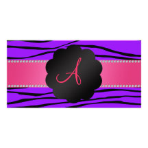 Monogram purple zebra stripes photo cards