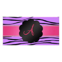 Monogram Purple zebra stripes Picture Card