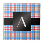 Monogram red and blue plaid tile