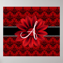 Monogram red damask daisy flower poster
