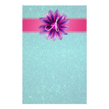 Monogram turquoise glitter pink daisy custom stationery