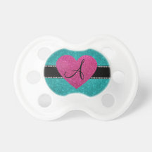 Monogram turquoise glitter pink heart pacifier