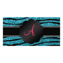Monogram turquoise glitter zebra stripes photo card template
