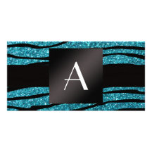 Monogram turquoise glitter zebra stripes photo card