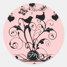 Monogram Wedding Birds Hearts Swirls Round Stickers