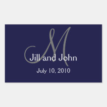 Monogram Wedding Water Bottle Label Navy Rectangle Sticker