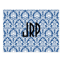 Monogrammed  & Blue Damask Post Cards