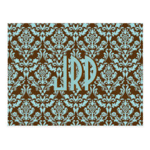 Monogrammed Brown & Blue Damask Post Cards