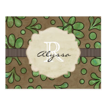Monogrammed Green Flower Postcards