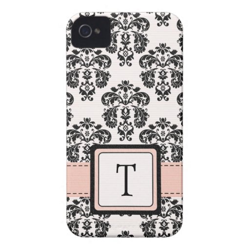 Monogrammed Pink Black Damask iPhone 4 Case Cover