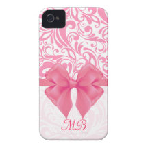 Monogrammed Pink Damask and Pink Ribbon iPhone 4 Covers