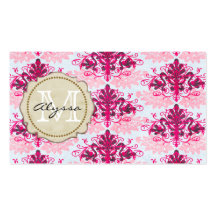 Monogrammed Pink Damask Business Card Template