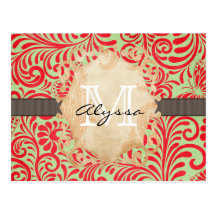 Monogrammed Red and Green Postcard