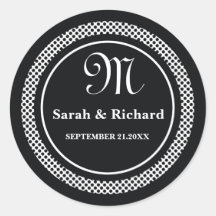 Monogrammed Wedding Stickers:Black Polka Dots