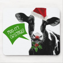 Moo rry Christmas! Funny Holiday Cow in Santa Hat Mousepad