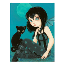 Moonlight Hijinks- Fairy Black cat postcard