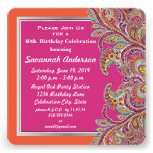 Moroccan Tangerine & Fuchsia 40th Birthday Party Personalised Invites