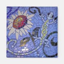 Mosaic Gecko and Sunflower on Blue Fridge Magnet