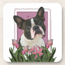 Mothers Day - Pink Tulips - Boston Terrier Drink Coasters