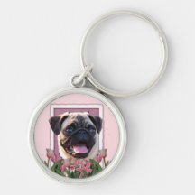 Mothers Day - Pink Tulips - Pug Keychains