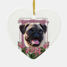 Mothers Day - Pink Tulips - Pug Christmas Tree Ornament
