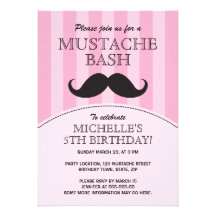 Moustache bash birthday party invitation, pink