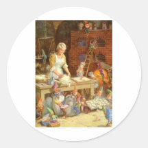 Mrs. Claus Bakes Cookies with Santa's Elves Round Sticker