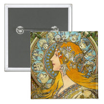 Mucha Art Nouveau Button -  Zodiac  - La Plume